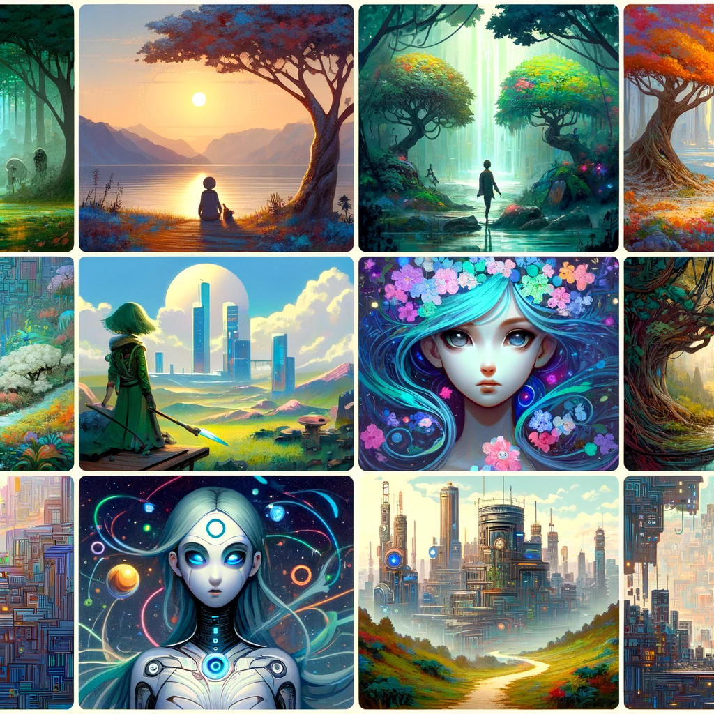 Featured image for 'How to Write AI Art Prompts: Examples and Templates' blog post, showcasing a collage of diverse AI-generated art styles. The collage includes a serene landscape, a futuristic cityscape, a whimsical character, a mystical forest, and a steampunk city, each depicted in a unique art style ranging from realistic to cartoonish and cyberpunk, symbolizing the vast creative potential of AI art.
