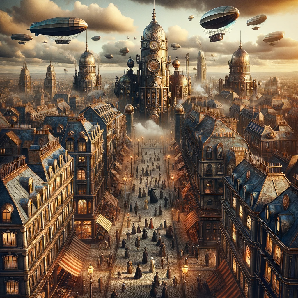 Artistic rendering of a steampunk city with Victorian-industrial architecture, brass and copper elements, bustling streets, steam and gears, and zeppelins overhead, under a cloudy late afternoon sky.